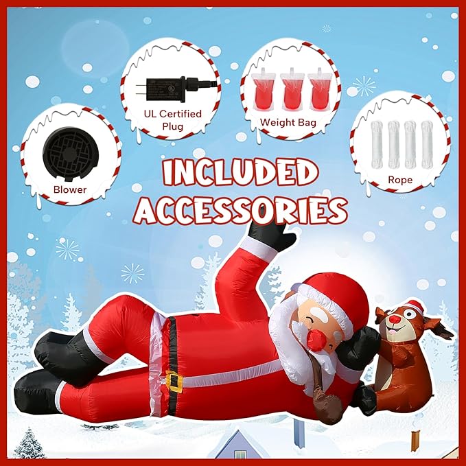 JOYHALO 8FT Christmas Inflatable Lying Santa and Reindeer Outdoor Decorations, Blow Up Yard Decorations with Bright LED Lights, Giant Christmas Inflatables for Roof Indoor Lawn Party Decor