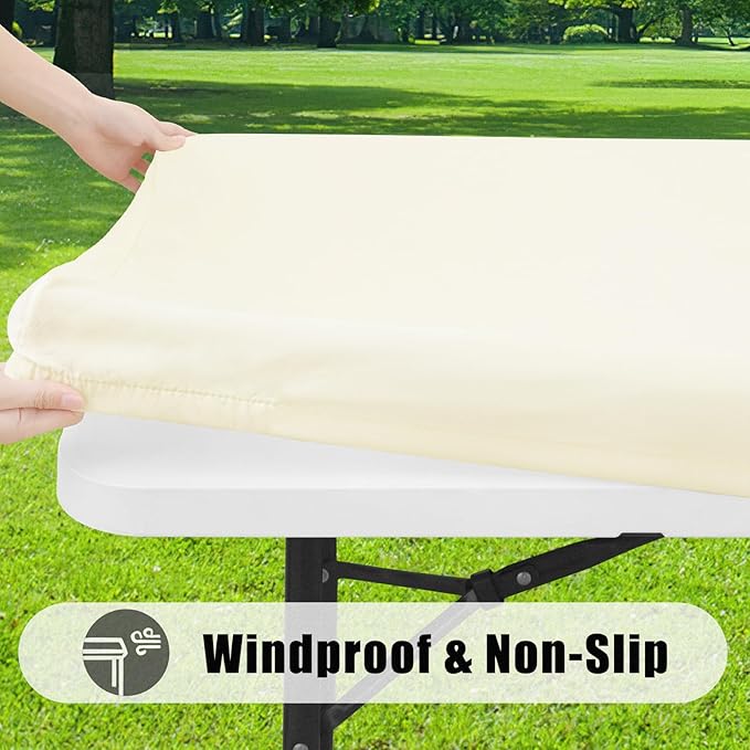 Smiry 2 Pack Rectangle Picnic Table Cloth, Waterproof Elastic Fitted Tablecloths, Washable Polyester Rectangular Patio Table Cover for Camping, Indoor and Outdoor (Beige, 30"x60")