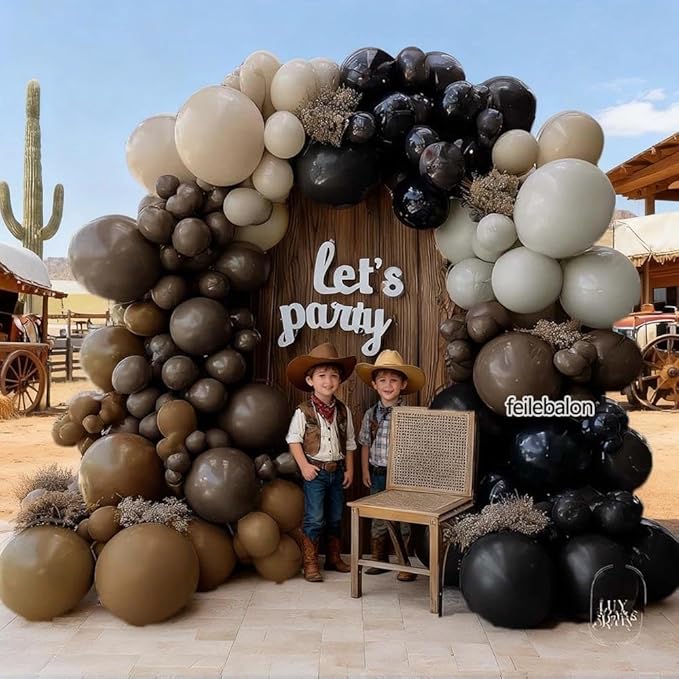 Black Brown Tan Balloon Arch Kit, Double Stuffed Dark Brown Coffee Light Grey White Sand Beige Neutral Balloon Garland for Western Cowboy Baby Shower First Rodeo Birthday Party Decoration