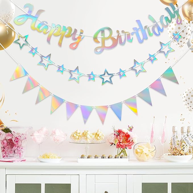 CANREVEL 3 PCS Iridescent Happy Birthday Banners, Hanging Star Garland and Pennant Banner Flags, Sparkling Iridescent Party Decorations, Iridescent Party Supplies for Women Men Girls Boys Adults