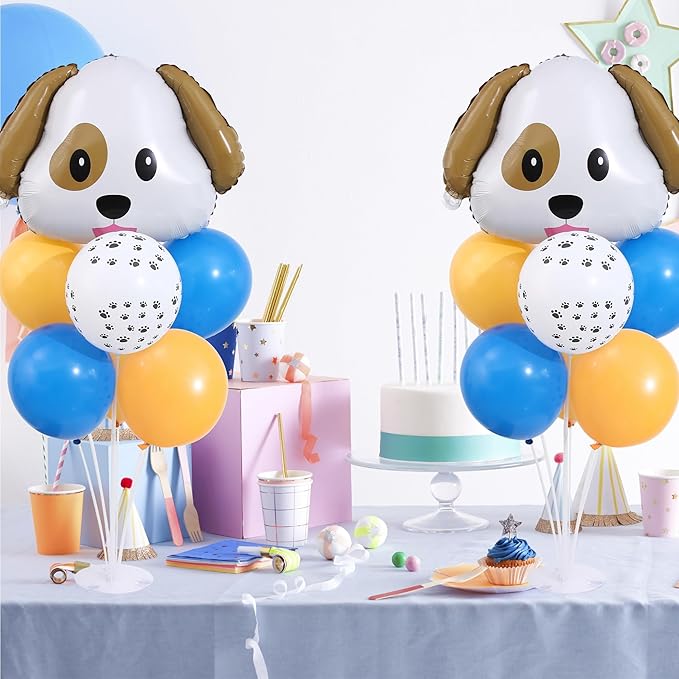 Dog Emoticon Balloon Table Centerpiece Stand Kit 2 Sets for Table with 2 PCS Dog Head Foil Balloons, 14 PCS Paw Print Yellow Blue Latex Balloons for Puppy Birthday, Doggy Party Decorations Supplies