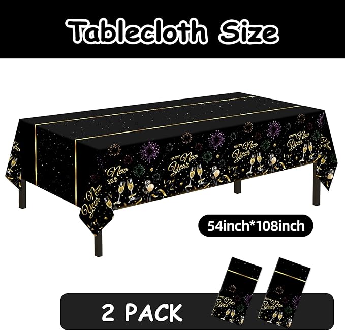 Childom 2 Pack Happy New Year Tablecloths,Happy New Years Decorations 2026,Disposable Rectangular Tablecloths Plastic 54"x108",Black and Gold Table Cloth for Home Dining Outdoor Holiday Party Supplies