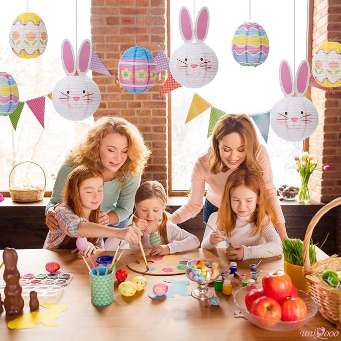 UNIQOOO 9PCS Easter Party Decorations Supplies Eggs Bunny Paper Lanterns Set For Kids, Reuseable 10’’ Pastel Color Hanging Lantern Decor for Home Outdoor Yard Tree Religious Easter Hunt Party Favors