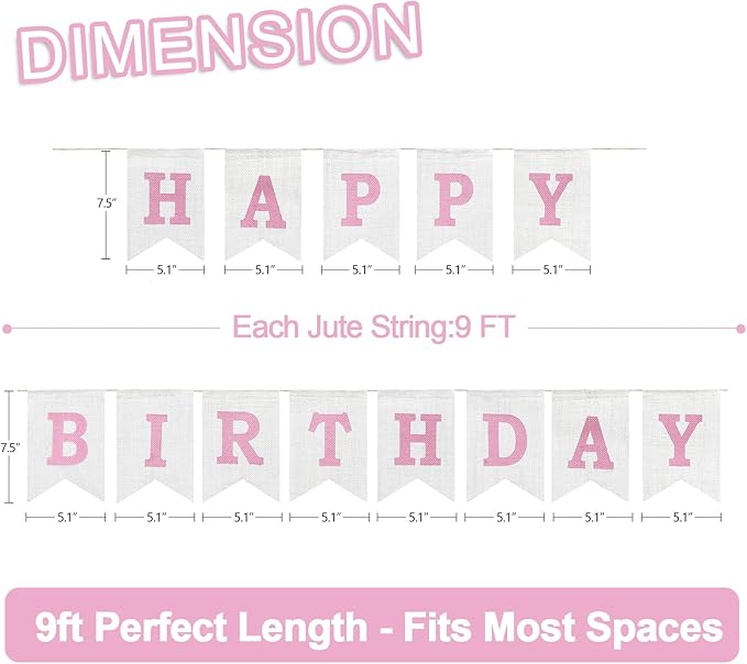 Happy Birthday Banner - Pre‑Strung Burlap Birthday Decorations and Reusable Birthday Sign for Men, Women & Kids | Party Supplies Backdrop (Pink)