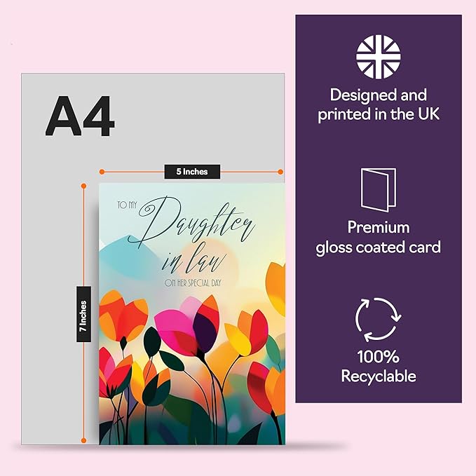 Daughter in Law Birthday Card - Vibrant Summer Flowers - Vivid Happy Birthday Card for Daughter in Law from Mother Mum Father Dad, 5x7 Inch Female Floral Bday Golden Greeting Cards
