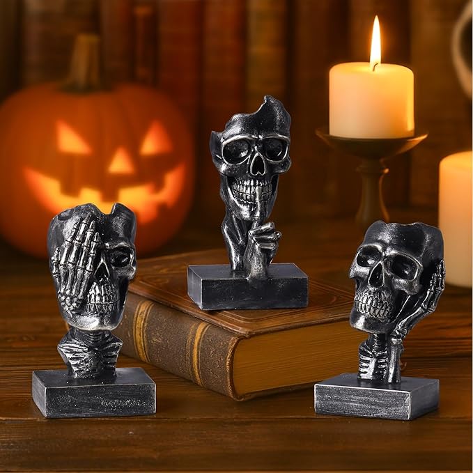 See Hear Speak No Evil Skeleton Figurines Set,Gothic Evil Skull Trio Statue,Vintage Skeletons for Halloween Decorations Indoor,Living Room Fireplace Floating Shelf Coffee Table Centerpiece Decor
