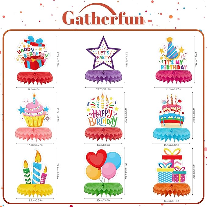 9 Pieces Birthday Table Decorations, Happy Birthday Decorations & Table Centerpieces for Kids Party Supplies, Colorful Honeycomb Table Toppers for Birthday Party