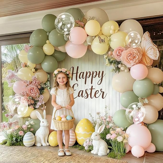 Pink Green Yellow Balloon Arch Kit, Double Stuffed Sage Green Pastel Pink Yellow White Sand Balloon Garland Beige Cream Balloons for Baby Shower Birthday Wedding Easter Fairy Flower Tea Party Decor