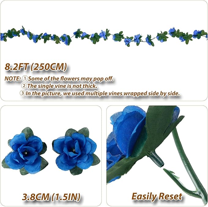 Miracliy 5Pcs 41FT Blue Flower Garland Artificial Rose Arch Vines Fake Spring Floral Garland for Flower Wall Backdrop Wedding Mothers Day Garden Tea Party Decoration