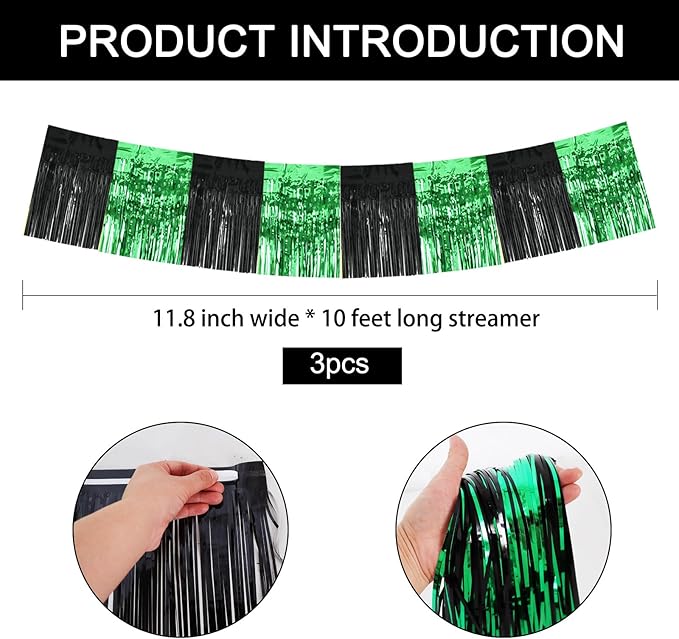 BEISHIDA 3 Packs Metallic Foil Fringe Garland Black Green Wall Hanging Tinsel Fringe Banners for Car Floats Bridal Shower Wedding Birthday Graduation Holiday Party Decoration(30 Feet)