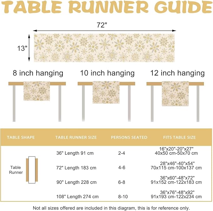 Winter Gold Snowflake Dining Table Runner, Golden Snow Glitter Burlap Kitchen Decoration, Christmas Seasonal Indoor Outdoor Home Decor Party Supply 13 x 72 Inches
