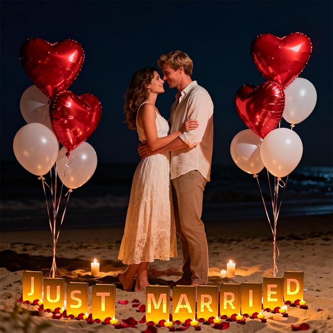 Just Married Light Up Letters, Include Light up Letters, with Tea Lights Candles, Latex Balloons, Aluminum Balloons and Rose Petals, Luminary Paper Bags for Just Married Banner and Decorations