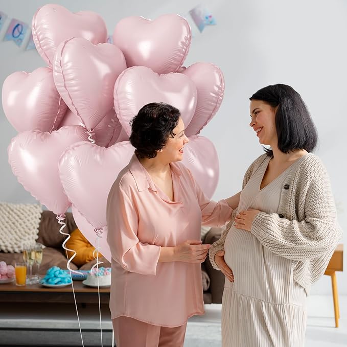 Baby Pink Heart Balloons, 18 Inch Pink Heart Balloons, 12Pcs Large Pearl Pink Heart Shape Foil Balloons, Pastel Pink Helium Foil Balloons for Boho Girls Women Birthday Wedding Baby Shower Valentines