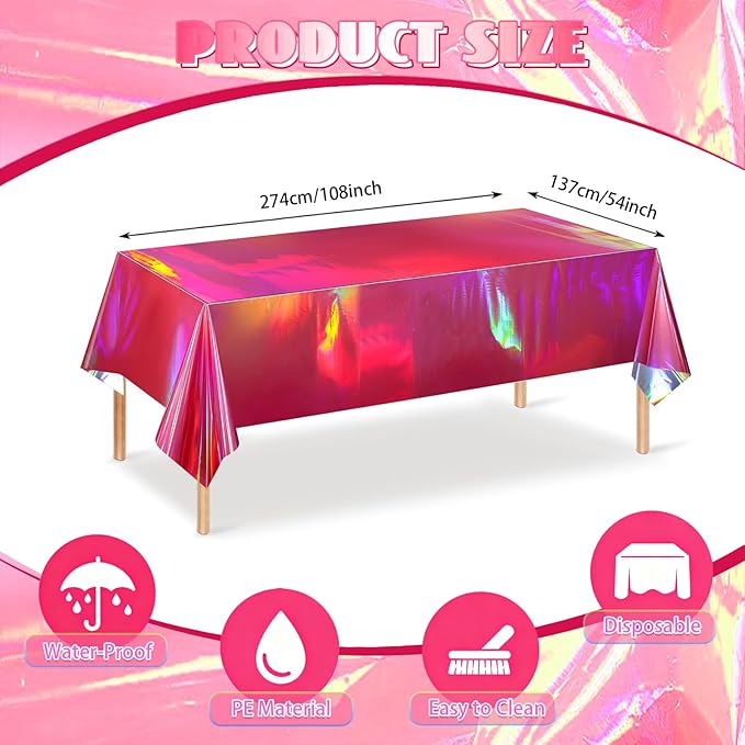 3-Pack Rose Pink Iridescent Tablecloths, Holographic Glittering Foil Disposable Tablecloths, 54 inches x 108 inches, Suitable for Birthday, Wedding, and Holiday Party Decorations