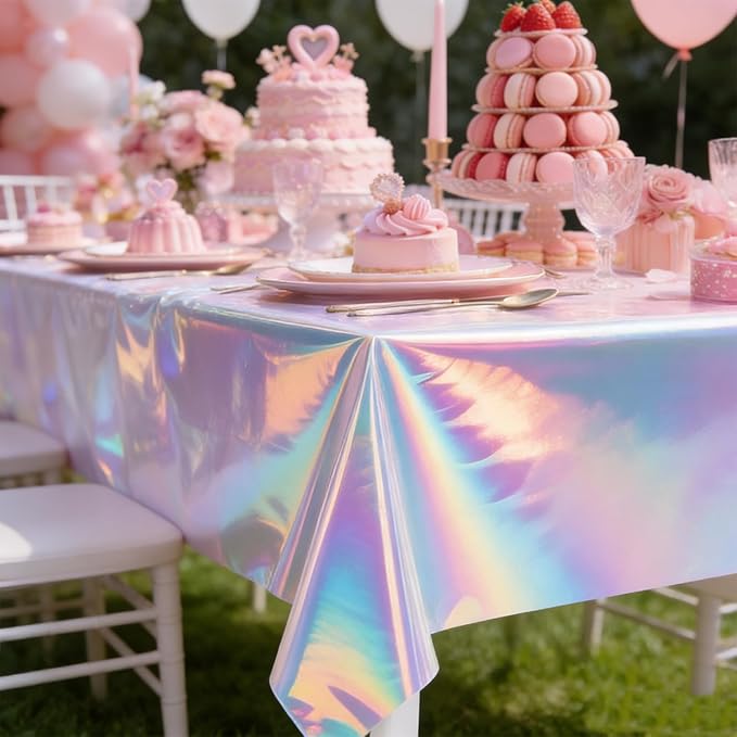 3-Pack Iridescent Plastic Tablecloths, Holographic Glittering Foil Disposable Tablecloths, 54 inches x 108 inches, Suitable for Birthday, Wedding, and Holiday Party Decorations