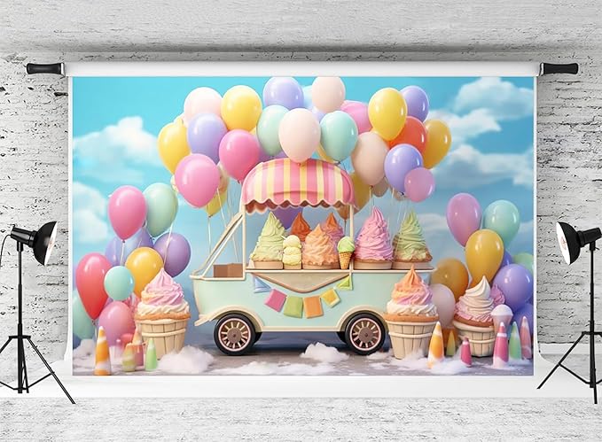 Kate 10x6.5ftSummer Ice Cream Car Backdrop for Photography Colorful Balloons Cake Smash Blue Sky Birthday Party Background for Kids Photo Props