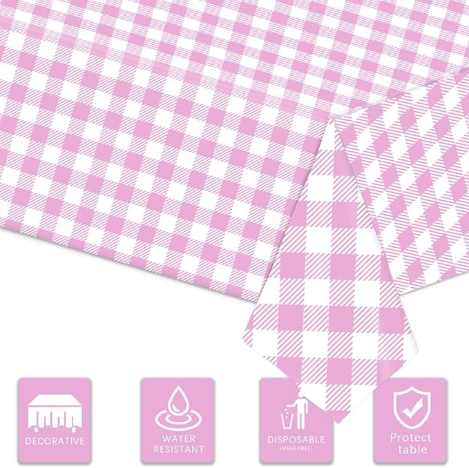 3 Pack Purple Gingham Tablecloths, 54 X 108Inch Disposable Party Table Covers Scalloped Purple Checkered Table Cloth Waterproof Purple White Tablecloth for Birthday Barbecue Tea Party Wedding