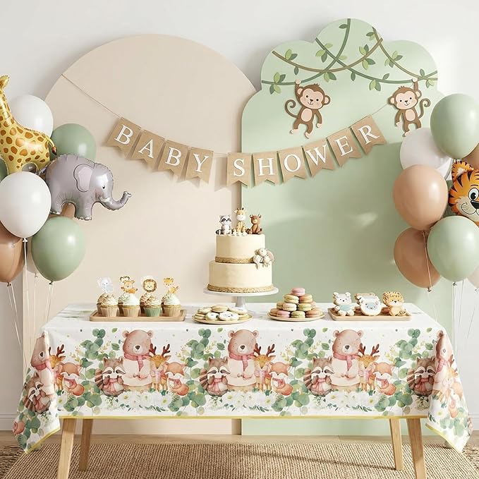 3 Pack Plastic Safari Baby Shower Tablecloth, 54 x 108 Inch Disposable Woodland Forest Animal Neutral Gender Reveal Party Eucalyptus Leaves Table Cover for Forest Birthday Friendship Party Decor
