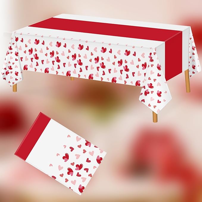 Hxezoc 54 x 108 Inch Valentines Day Tablecloth, Disposable Heart Plastic Table Cover for Girls Kids Valentines Birthday Baby Shower Party Decorations Outdoor Indoor Party Supplies