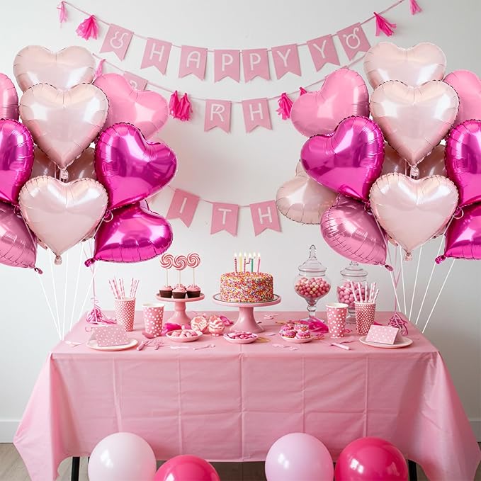 TONIFUL 30Pcs 18 Inch Rose Hot Pink Light Pink Balloons Heart Shape Foil Mylar Banners Decoration for Birthday Valentine's Day Wedding Bridal Shower Anniversary Engagement Party Supplies