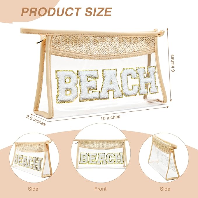 Makeup Bag with Glitter Chenille Letter, 1.1L Capacity Clear Makeup Letter Bag, Beach Bag, 【Easy to Carry】, 【Handmade Woven】 Travel Makeup Bag for Women, (Beige-BEACH)