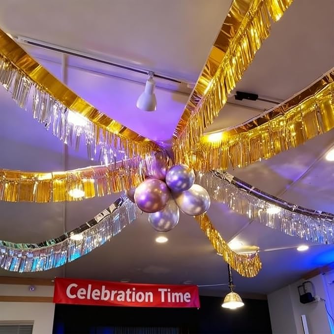 Silver Foil Fringe Garland 6Pcs 10 Feet Metallic Tinsel Hanging Curtain Glitter Backdrop Banner for Parade Floats Christmas Wedding Party Decorations