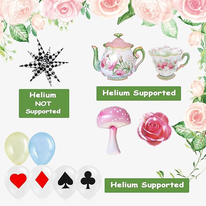Teapot Mushroom Rose Balloons Checkered Poker Balloon Lets Par-Tea Garden Fairy High Tea Theme Foil Decor Onederland 1st First Birthday Girl Tea for Two Party Decorations Supplies for Little Girls