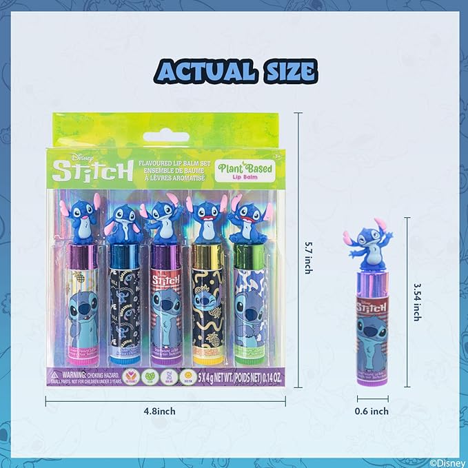 Disney Stitch 5 Pc Plant Based, Moisturizing Lip Balm Makeup Set for Girls Kids Toddlers, Perfect for Parties Sleepovers Makeovers Birthday Gift for Girls 3 Yrs+ by Townley Girl