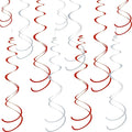 Colorful Ceiling Swirl Foil Decorations Hanging Plastic Streamer Themed Swirl Party for Christmas Graduation Celebration, Pack of 28 (Red and Sliver)