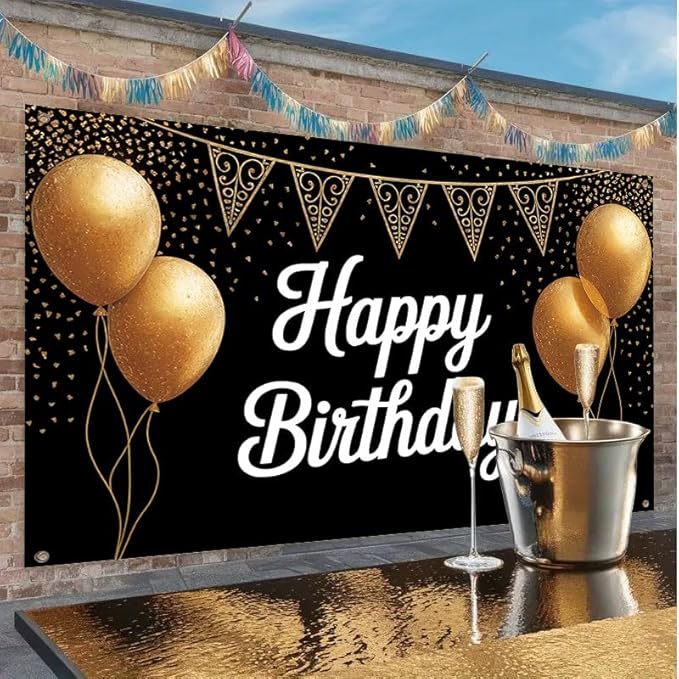 Happy Birthday Porch Banner 71x43 Inch, Large Black and Gold Balloon Backdrop with Confetti and Flags, Birthday Party Decorations for Indoor Outdoor Yard Patio Wall Hanging