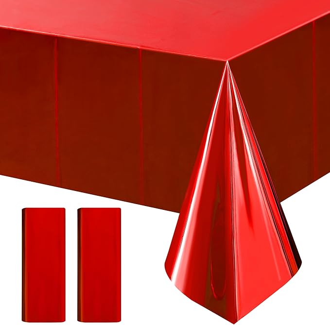 2pcs Red Foil Tablecloth 54*72 Inch Plastic Christmas Carnival Birthday Party Table Cloths Disposable Waterproof Table Cover for Graduation Anniversary Wedding Baby Shower Bridal Party Supplies