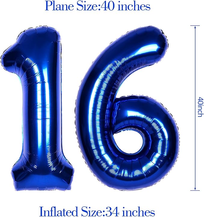 40Inch Navy Blue Number 16 Balloon Large Helium Royal Blue Number Balloons 0-9 Giant Digital 16th Foil Mylar Big Party Balloon for Boy Birthday Party Anniversary Graduation Decorations