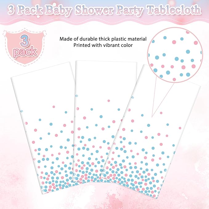 3Pack White and Pink Blue Plastic Tablecloth, White Disposable Table Cloth for Rectangle Tables, Pink Blue Stamping Dot White Tablecloth for Gender Reveal Baby Shower Birthday Party Supplies, 54"x108"