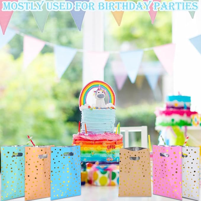 50pcs Party Favor Bags for Kids Birthday Goodies Bags, Plastic Gift Bags for Kids Girls Boys Candy Birthday Party Favor Gift Wraps (50pcs star pattern 5colors)