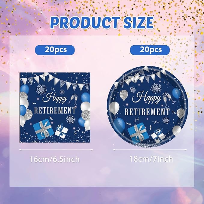 Retirement Party Decorations for Men Women Blue Silver Happy Retirement Plates and Napkins Disposable Dinnerware Tableware Decorations Supplies | Serve 20