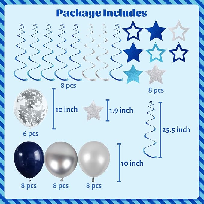 ZHENGYE Blue Birthday Decorations Set Happy Birthday banner Hanging Swirls Circle Dot Garland Confetti Latex Balloon Birthday Party Decoration Supplies