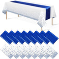 16Pack Disposable Plastic Tablecloths and Satin Table Runner Set White and Blue Dot Tablecloth Blue Satin Table Runner for Wedding Birthday Baby Shower Anniversary Christmas New Year Party Supplies