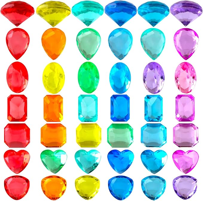 Niceup 200+pcs Kids Gemstones Toys for Pirate Treasure Princess Party Favor Pool Diving Gems Vase Filler Plastic Acrylic Fake Jewels Decors with Heart Diamond Drop Oval Rectangle Square Triangle