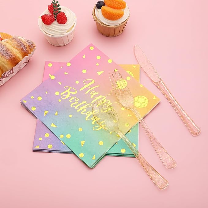 175PCS Pastel Birthday Decorations,Birthday Plates and Napkins Party Supplies,Disposable Rainbow Birthday Plates,Pastel Paper Plates for Girl Women Birthday Party Decorations,Serves 25 Guests