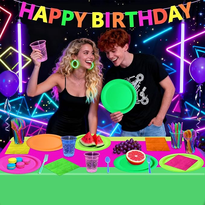 Glow in the Dark Party Supplies, Including Colorful Plates Napkins Tablecloth Happy Birthday Banner with UV Black Light Reactive and Dinnerware for Neon Themed Birthday Party, Serves 20