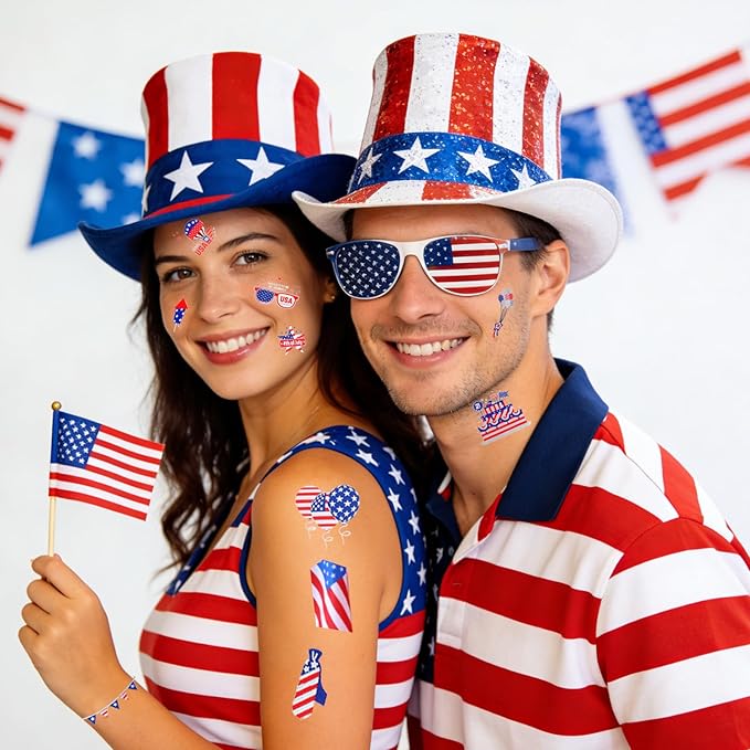 4th of July Temporary Tattoos, Metallic USA Fourth of July Patriotic Tattoos | American Flag Red White and Blue Face Tattoo Stickers, Independence Day Memorial Day Party Accessories Decoration