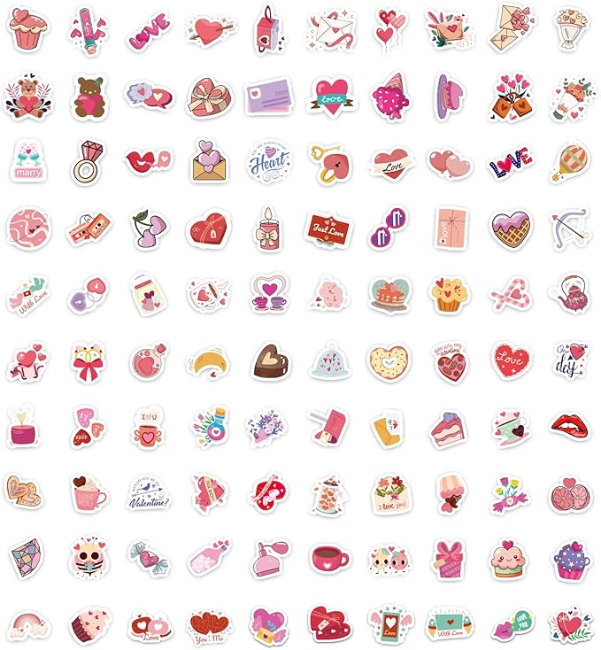 Valentines Stickers - Valentines Day Gifts for Kid - 100 PCS Vinyl Heart Stickers - Valentine Crafts for Kids - Valentine’s Gifts Treats Decor Scrapbooking Party Favors