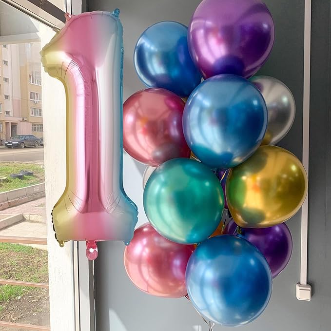 Rainbow Gradient Number 1 Balloon, 40 Inch Big Large Foil Number Balloons, Jumbo Giant Mylar Number 1 Balloons for 1 first Birthday Party Decorations Supplies Anniversary Celebration