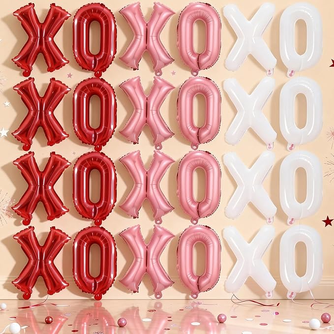 12 Pcs XO Valentines Balloons, 16 Inch Red Pink XOXO Letters Foil Mylar Balloons Banner Valentine Day Balloon Decorations for Romantic Galentines Day Bridal Shower Engagement Anniversary Party Decor