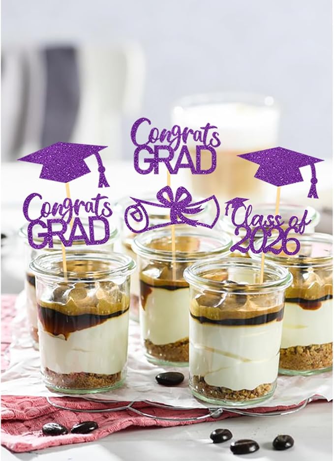 2026 Graduation Theme Cupcake Toppers Glitter Class of 2025 Graduation Cap Diploma Cupcake Picks - Set of 24 (Purple2)
