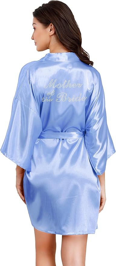 EPLAZA Women's One Size Silver Rhinestones Bride Bridesmaid Short Satin Robes for Wedding Party Getting Ready