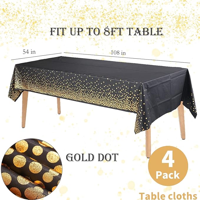 4 Pack Black and Gold Tablecloth for Rectangle Tables Gold Dot Disposable Tablecloths 54" x 108" Plastic Tablecloth Party Table Covers for Birthday Thanksgiving Christmas Wedding Outdoor BBQ Black
