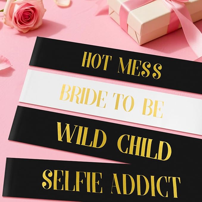 18 Piece Bachelorette Party Sashes Set - 1 White Bride Sash & 17 Black Bridesmaid Sashes with Gold Lettering, Pre - Wedding Bridal Shower Favors