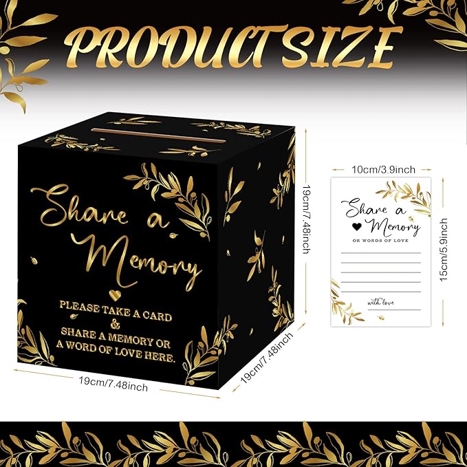 Pajean 50 Pcs Share a Memory Cards for Collections of Life, Memory Cards Box for Guest Ideas Funeral Graduation Wedding Bridal Shower Birthday Anniversary Retirement(Black, Gold)