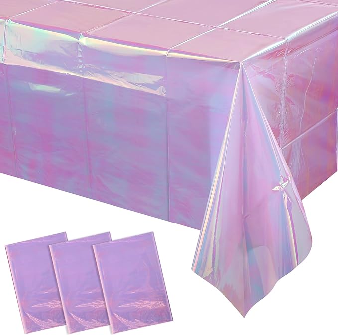 FunnyPars 3 Pack Light Purple Plastic Tablecloths for Rectangle Tables, Shiny Disposable Laser Rectangle Table Covers Foil Tablecloth Iridescent Party Decoration Birthday Bridal Wedding, 39x108 Inch